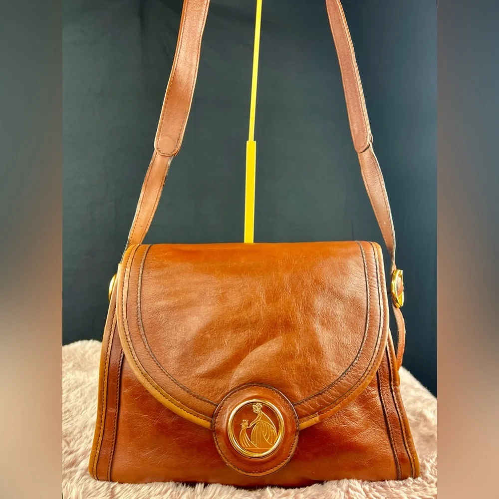 Lanvin Brown Leather Shoulder Bag Jeanne & Marguerite Mother & Child Logo Vtg.